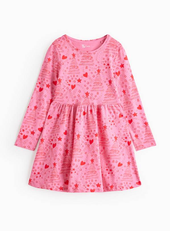 Pink Christmas Tree Heart Print Jersey Dress 5 years